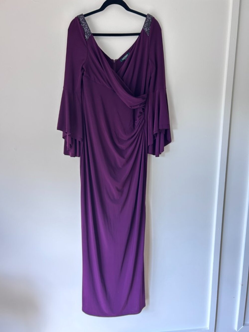 Lauren Ralph Lauren Purple Beaded Bell Sleeve Formal Gown Size 14